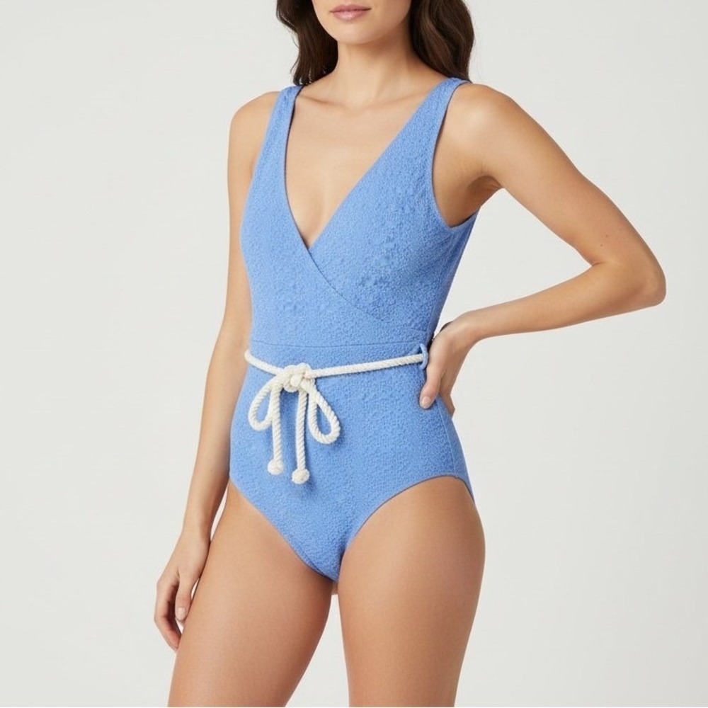Lisa Marie Fernandez One Piece Swimsuit Blue Textured Wrap Rope Belt‎ 0 Beach
